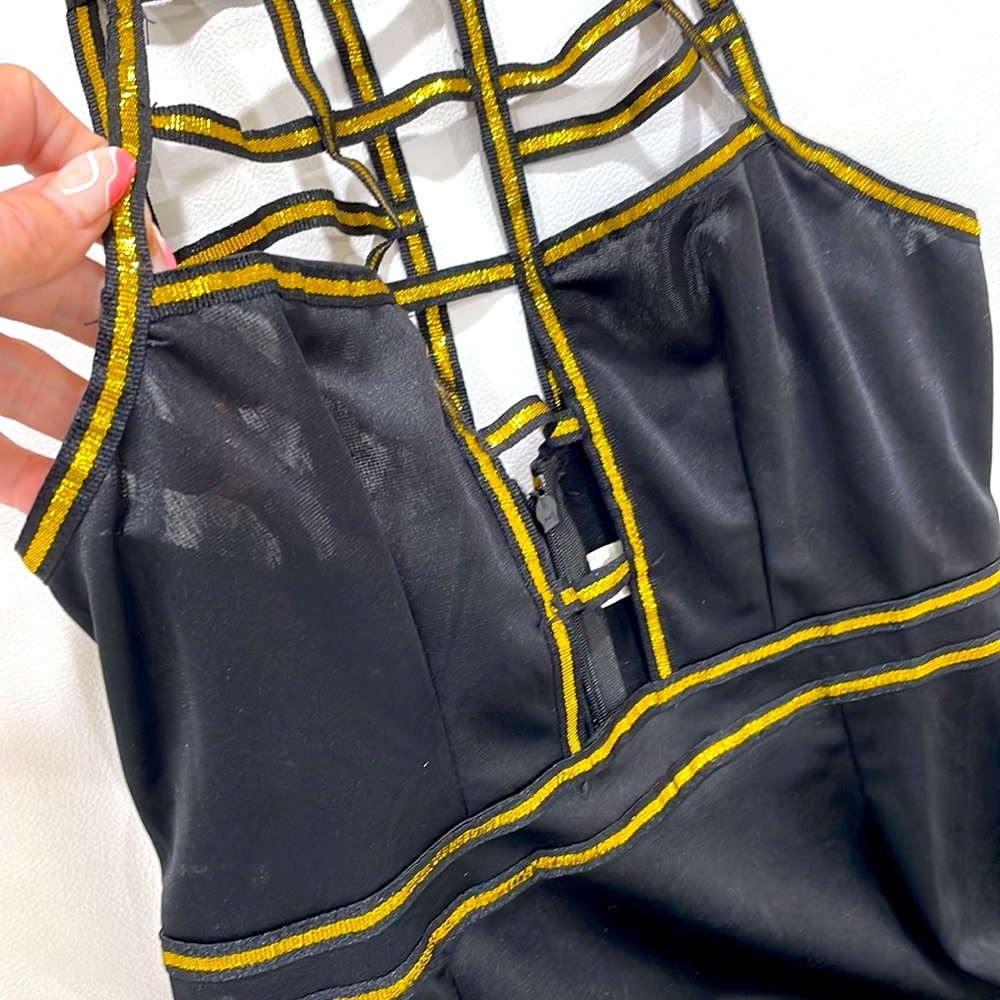 NWT cut out dress cage mini dress black gold shimmer party open back sexy S or M